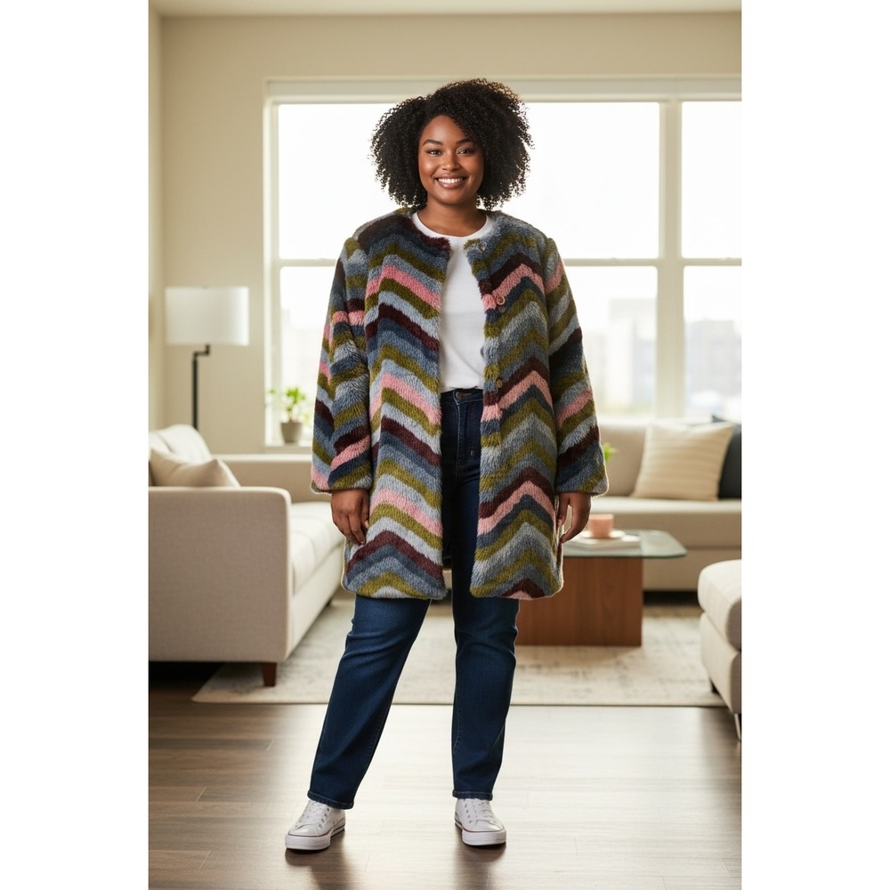 Hutch 3X Faux Fur Chevron Coat MultiColor Shaggy Mid Length Jacket Anthropologie